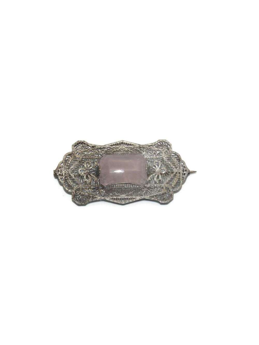 Victorian Sterling Silver Filigree Wire and Rose Quartz Brooch.